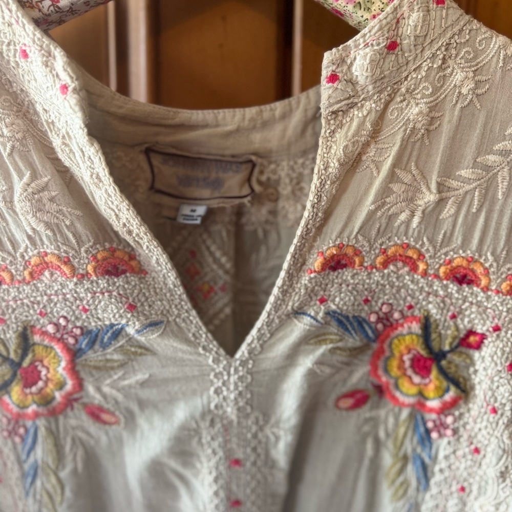 Johnny Was Embroidered Blouse in Cream with Red and Yellow Accents